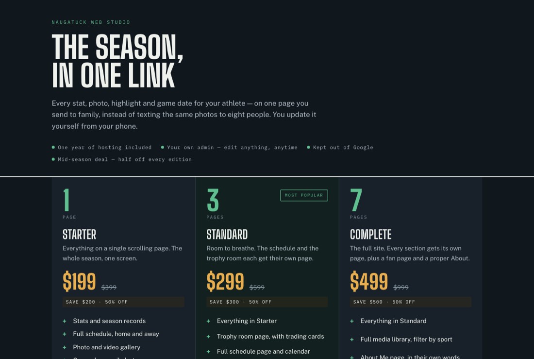 Athlete sites pricing page