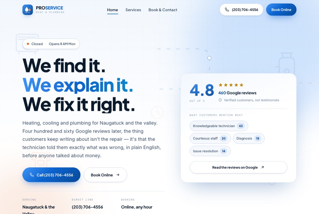 HVAC and plumbing contractor homepage
