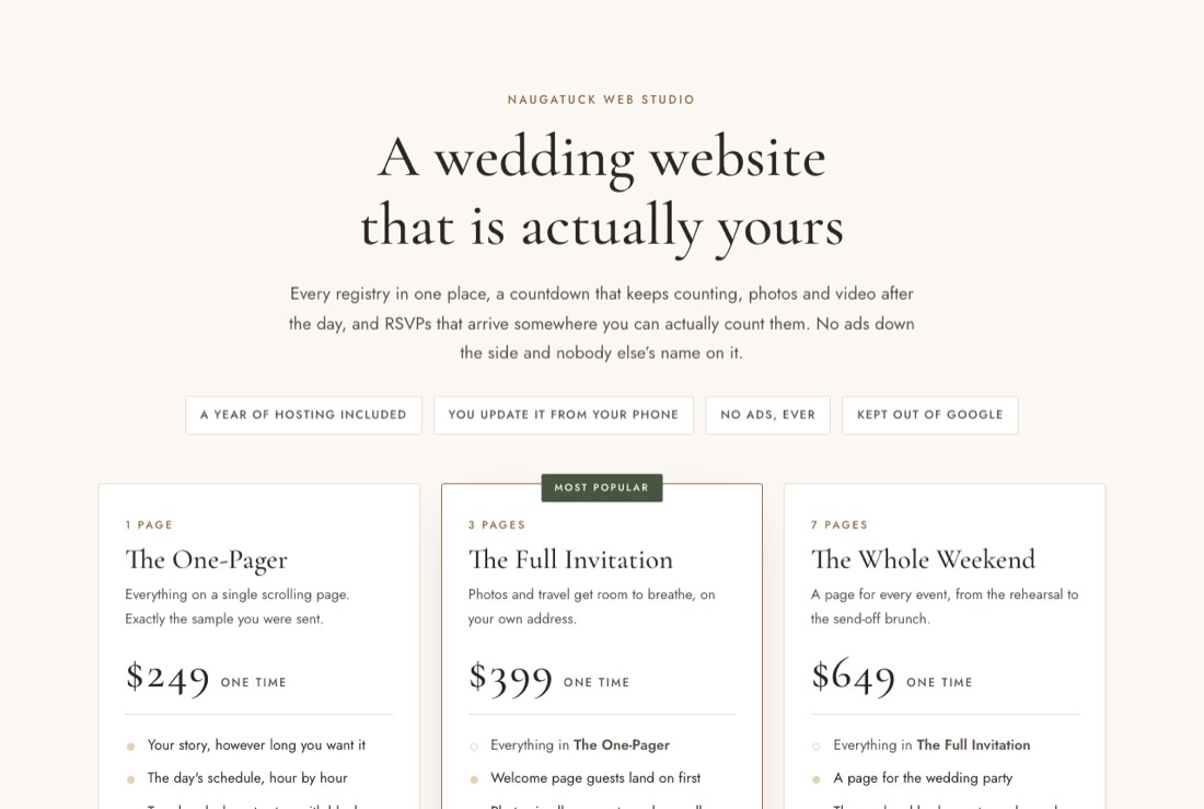 Wedding sites pricing page